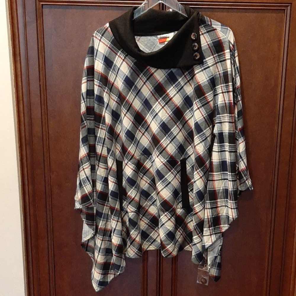 Modcloth blue red plaid poncho Fervour Sm Med